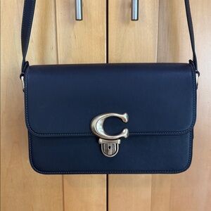 Pre-Owned Coach Studio Leather Black Crossbody Bag with Gold Accent